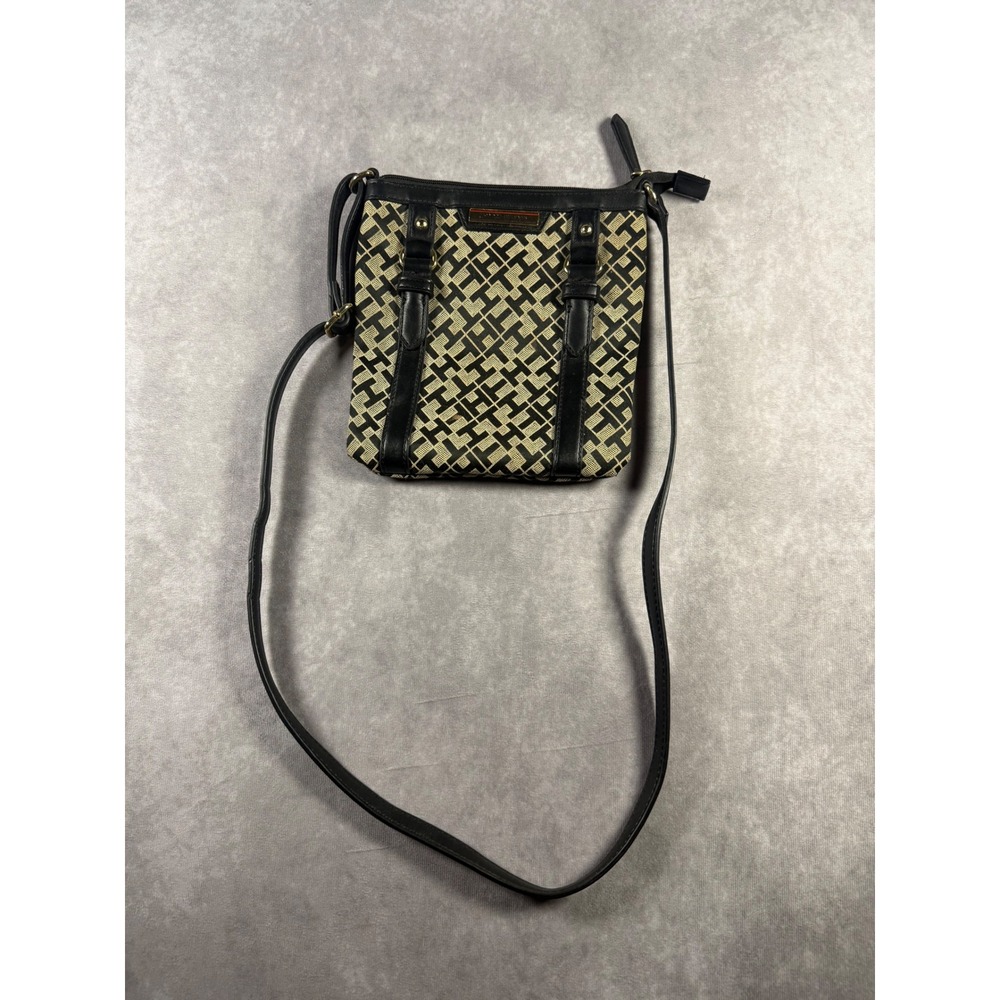 Tommy Hilfiger TH Monogram Crossbody Bag Black Cream Jacquard Adjustable Purse